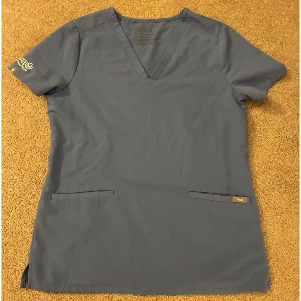 Women's Blue Casma Figs Top Small, Three-Pocket, Stretch, V-Neck, Short Sleeve